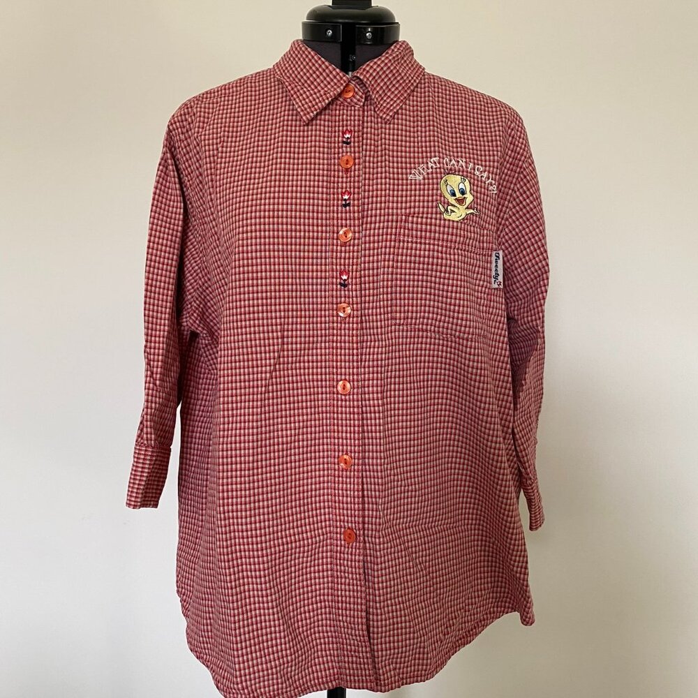 Vintage Cartoon Character Bird Red Plaid Button-Up Shirt